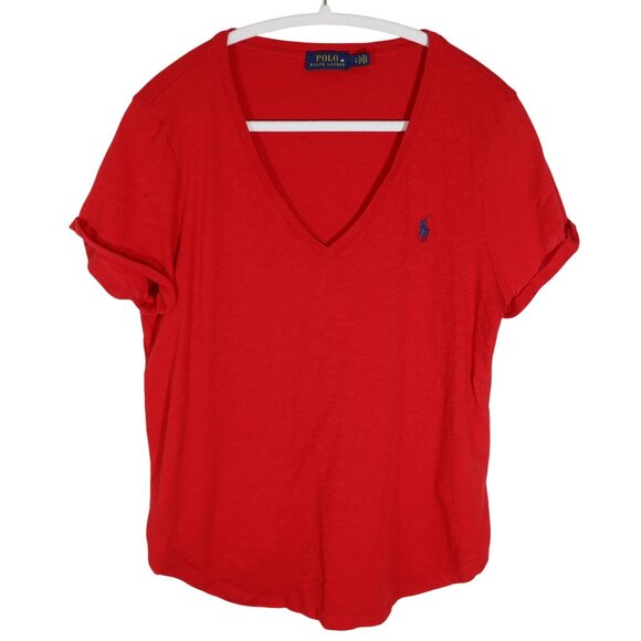 POLO RALPH LAUREN Slub Cotton Navy Pony V Neck Cuff Short Sleeve T Shirt Size L - Picture 1 of 7